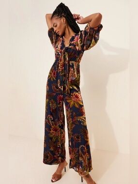 Farm Rio for Anthropologie Puff Sleeve Velvet Jumpsuit